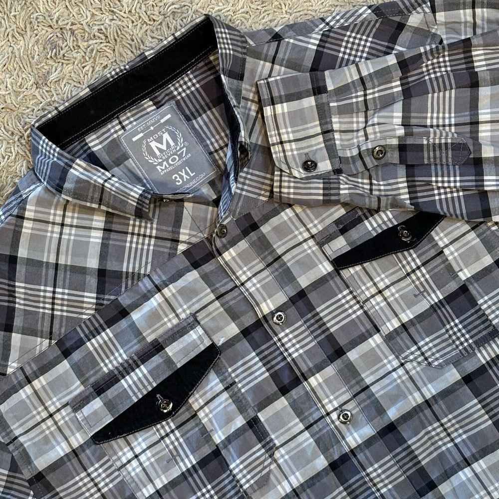 MO7 Most Official‎ Seven Button Up Shirt Mens 3XL  Gray Black Plaid Long Sleeved